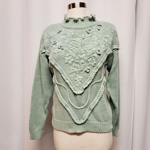 Vintage 80s Retro 90s y2k Knit Mint Green Korean Kawaii Dainty Floral Sweater Md - Picture 1 of 8